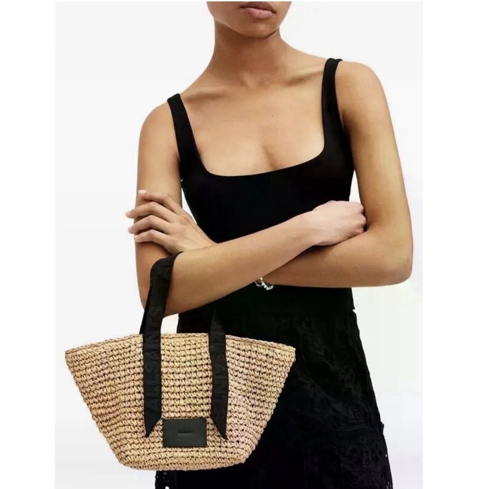 AllSaints Raffia Mini Straw Tote Bag Purse Snap Closure